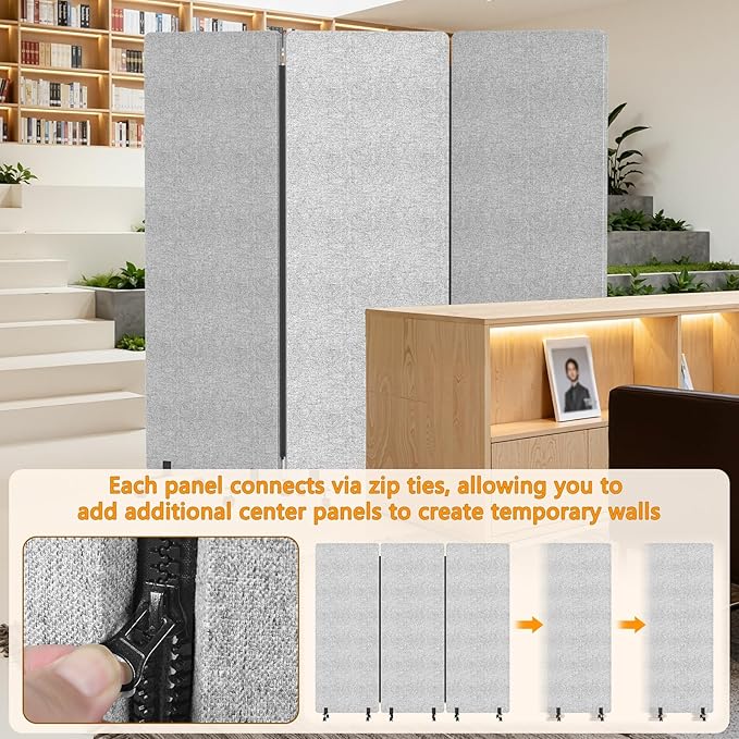 72"x66" Soundproof Room Divider Panel with Wheels, Office Partition Wall 3 Panel Portable Room Temporary Wall Privacy Screen for Office Home Classroom Divider Freestanding Light Grey