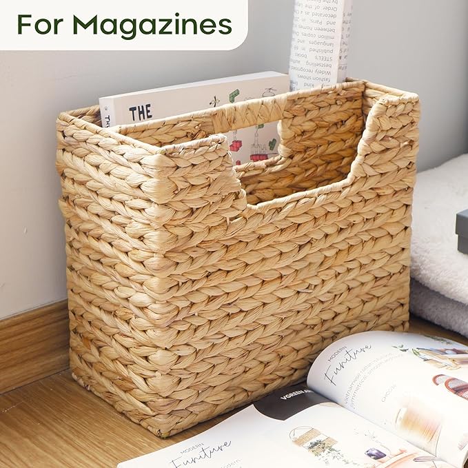 CHI AN HOME Wicker Magazine Basket, Handwoven Water Hyacinth Storage Bin & Organizer for Files, Books, Newspapers, Documents, Decorative Storage Bin with Handle for Office, Living Room, Dorm, Bathroom