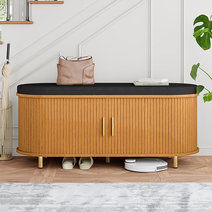 DHH 2-Tier Storage Bench,Wide Shoe Bench with Thickened Padded Seat Cushion, Mid Century Modern Fluted Sliding Door and Adjustable Shelf, for Entryway, Living Room, Bedroom (Yellow Walnut, 43.3“)