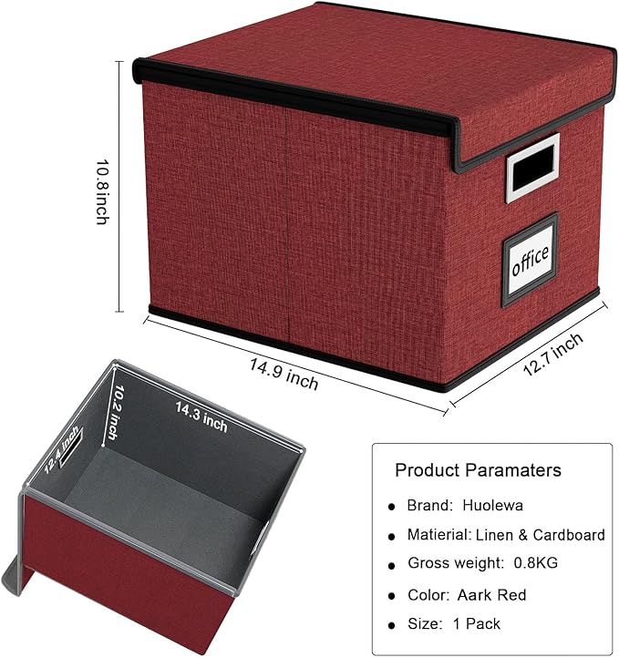 File Organizer Box with Lid, Collapsible File Folder Organizer for Office Document Storage, Filing Box with Plastic Slide for Letter Size Hanging File Folders(1 Pack, Dark Red)