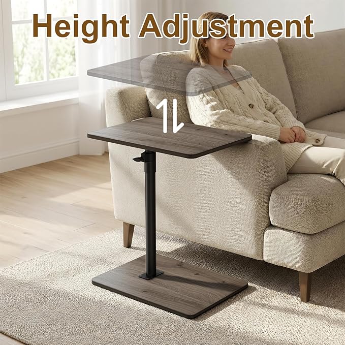 YUHFERA Sofa Armrest Tray Table for Couch - 360 Swivel Height Adjustable C Shaped End Table for Small Spaces, Snack Side Table for Bed or Chair with Phone & Tablet Slot (Gray, Enlarged)
