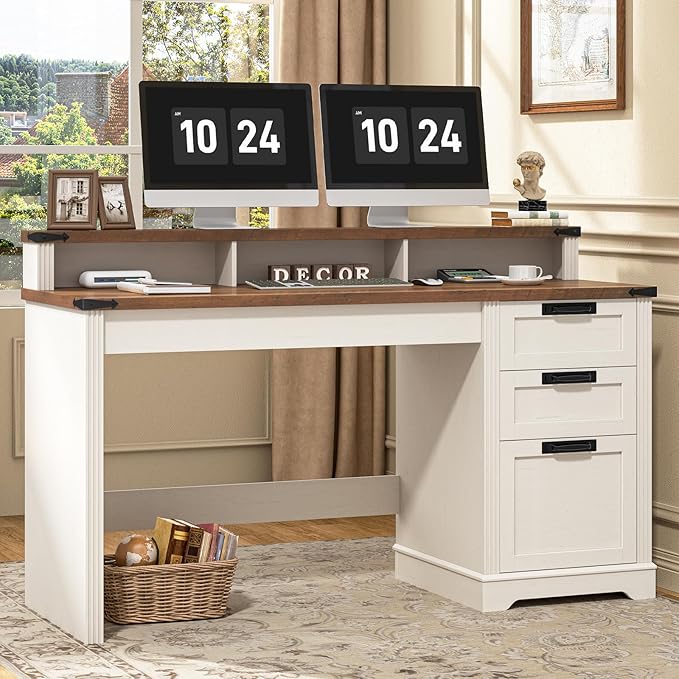 Vabches 55" Farmhouse Executive Desk with 3 Drawers, Wooden Computer Desk with Keyboard Tray, Home Office Desk with File Drawer (Fits A4 Size) for Work and Study, White and Brown