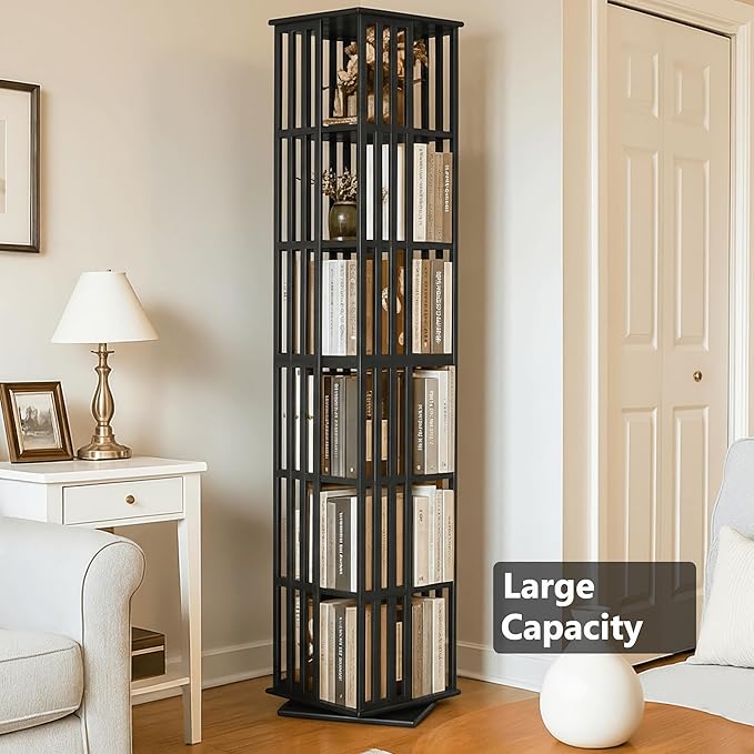 Lauxery Rotating Bookshelf– 6 Tier 360° Bamboo Revolving Bookcase, Spinning Corner Bookshelf, Space-Saving Book Shelf Tower for Small Spaces, Home Office, Living Room Vertical Storage– Black