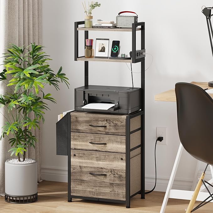 HIGDBFE 3 Drawer File Cabinet with Charging Station, 45''H, 3-Tier Small Filing Cabinet for Home Office, 11''*16'' for Small Printer, Fabric Drawer Fits Letter/A4, Tall Printer Stand, Grey