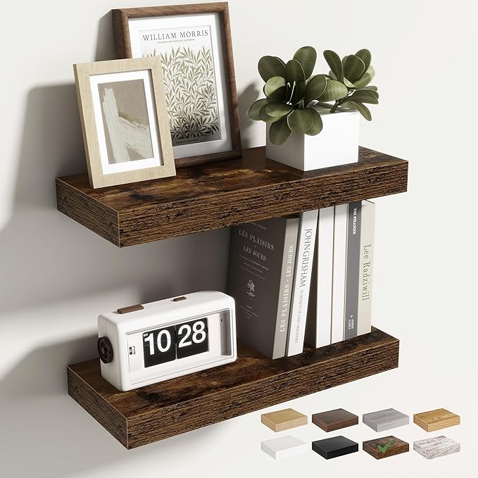 Acovy 16 Inch Floating Shelves for Wall 2 Pack, 16" Wall Shelves for Books, Storage, Decor, Wall Mounted Floating Shelf with Invisible Brackets for Kitchen, Living Room, Brown