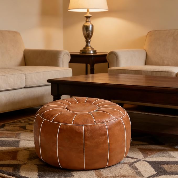 Thgonwid Unstuffed Moroccan Storage Pouf Foot Stool Ottoman Seat, No Filler Included, Handmade Faux Leather Bean Bag Floor Chair Foot Rest for Living Room, Bedroom or Balcony, Brown