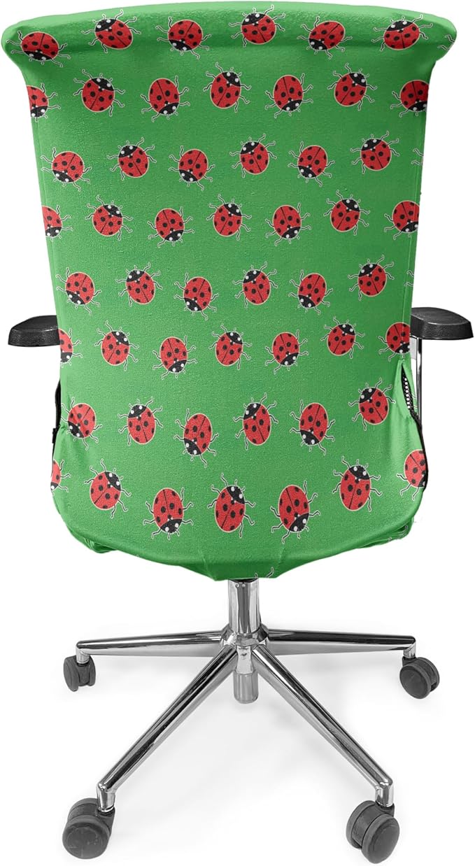 Ambesonne Entomology Office Chair Cover, Cartoon Style Repetitive Ladybugs on a Meadow, Stretchable Decorative Universal Size High Back Printed Slipcover, Red Green