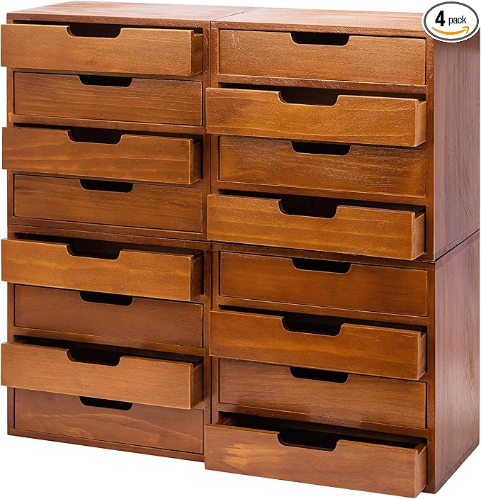 Stackable Modular 4-Pack 16 Drawer Desktop Storage Organizer in Modern Wood Design (20”x7”x 20”) Stackable Drawers For School Office - Crystals, Scrapbook Organization - Declutter Countertop