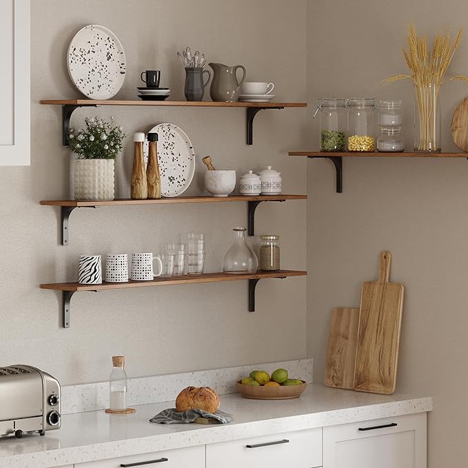 DINZI LVJ Long Wall Shelves, 47.3Inch Wall Mounted Shelves Set of 2, Extra Large Floating Storage Ledges with Sturdy Metal Brackets for Living Room, Bathroom, Bedroom, Kitchen, Rustic Brown