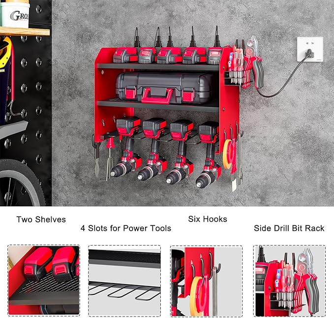 AZERPIAN Power Tool Organizer Wall Mount with Charging Station 3 Layer Heavy Duty Metal Tool Storage Rack with 4 Cordless Drill Holder Utility Rack with 8 Power Strip, Red