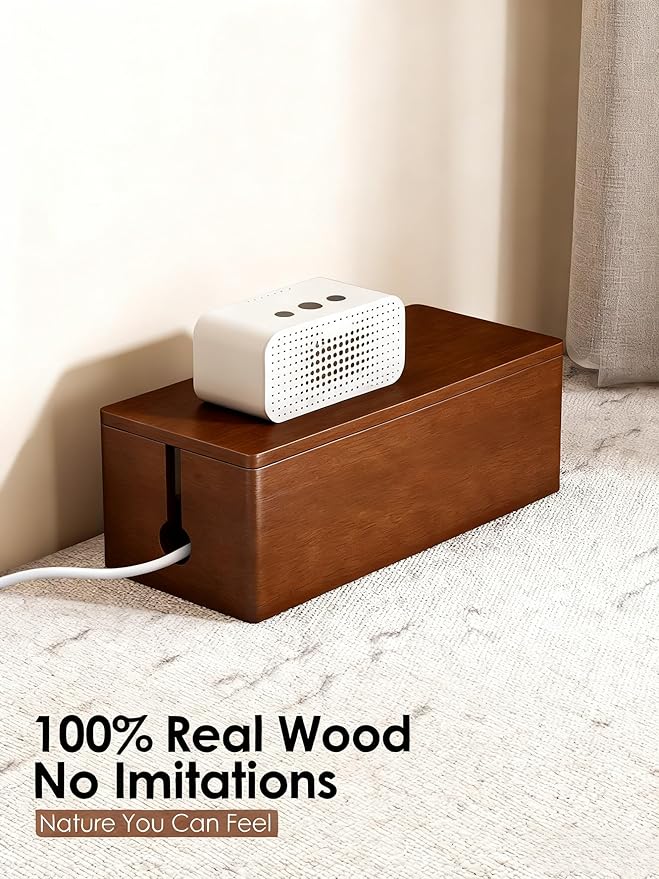 Tikora Real Wood Cable Management Box - Minimalist Home Office Decor - Walnut Finish Cord Organizer to Hide Wires & Power Strips - Spring Cleaning Essential for Desk & TV Stand - Safe for Pets & Kids