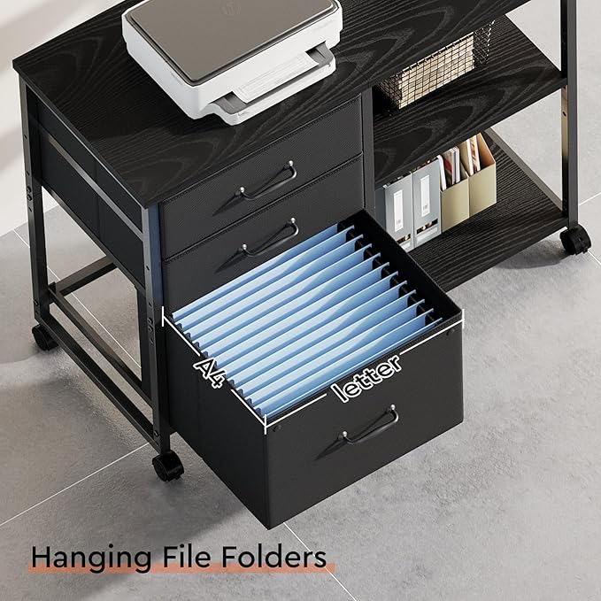 Maihail 3 Drawer File Cabinet with Wheels Rolling Printer Stand with Open Storage Shelf Fabric Lateral Filing Cabinet for Home Office,Black