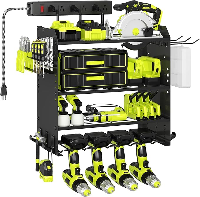 4 Layer Heavy Duty Power Tool Organizer Wall Mount with Charging Station, Adjustable Metal Storage Rack, 6 Outlets Strip, Drill Holders, Hooks & Drill Bit Rack for Garage, Workshop, Black