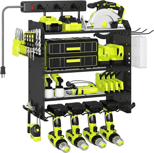 4 Layer Heavy Duty Power Tool Organizer Wall Mount with Charging Station, Adjustable Metal Storage Rack, 6 Outlets Strip, Drill Holders, Hooks & Drill Bit Rack for Garage, Workshop, Black
