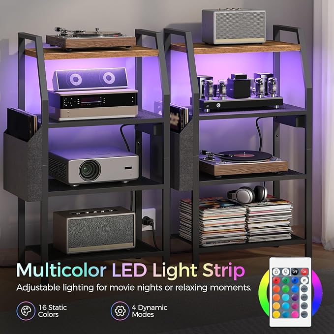 MAHANCRIS 4-Tier AV Media Stand with Power Outlet & LED Lights, Game Console Shelf with Side Storage Bag, Corner Stereo Stand Rack Audio Tower for Small Video DVD Players Boxes, Rustic Brown MSHR01E01