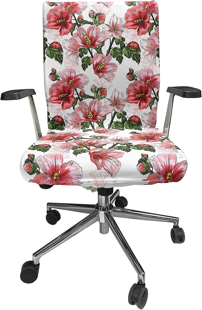 Ambesonne Ladybugs Office Chair Cover, Exotic Flowers Hibiscus Hawaiian Foliage Illustration Botany Spring Blossom, Stretchable Decorative Universal Size High Back Printed Slipcover, Coral Green