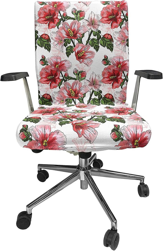 Ambesonne Ladybugs Office Chair Cover, Exotic Flowers Hibiscus Hawaiian Foliage Illustration Botany Spring Blossom, Stretchable Decorative Universal Size High Back Printed Slipcover, Coral Green