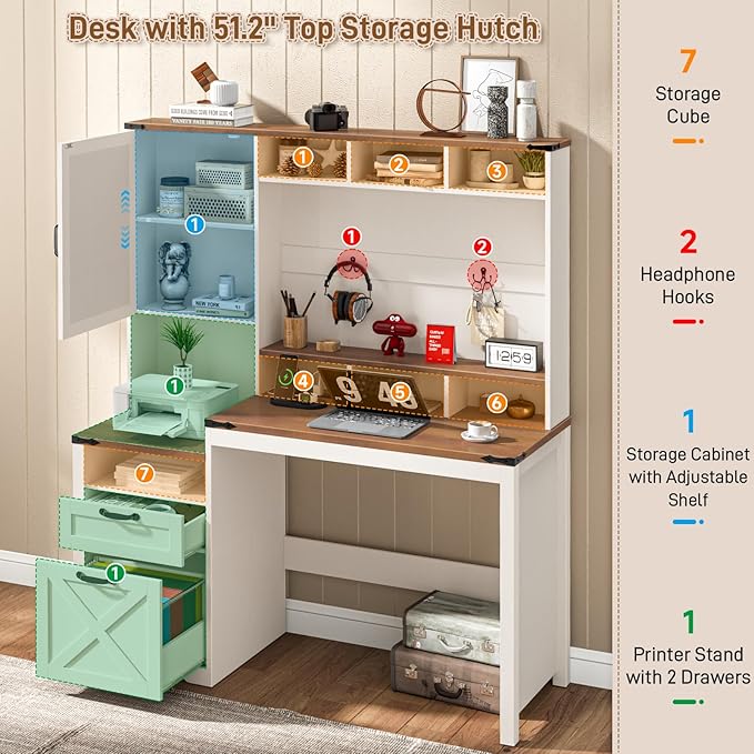 Vabches 51" Executive Desk Farmhouse Home Office Desk with Charging Station, File Drawer, Storage Cabinet, Monitor Stand, Wood Computer Desk with Hutch for Work Study Writing (Rustic White)