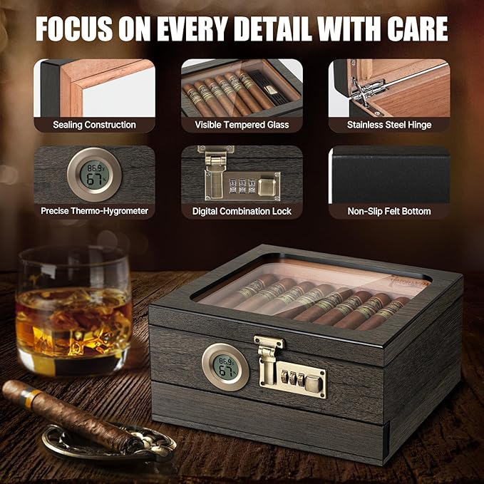 Tesonway Cigar Humidor,Cedar Wood Humidor Cigar Box,Glass Top Desktop Humidor with Digital Thermo-Hygrometer, Humidifier, Divider, Accessories Drawer and Combination Lock,Cigar Gift for Men