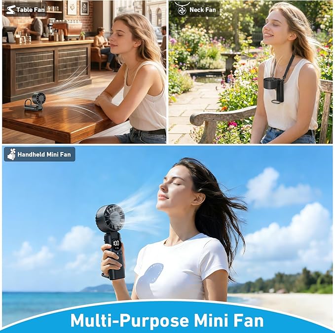 AILBTON Portable Handheld Fan, 5000mAh Rechargeable Mini Personal USB Fan with LED Display & Foldable Design, 199-Speed Powerful Battery Operated Travel Fan for Women, Outdoor, Office Black
