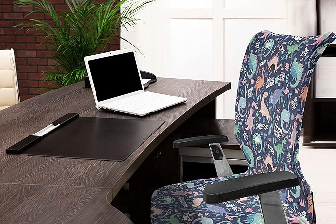 Ambesonne Dinosaur Office Chair Cover, Cartoonish Abstract Extinct Animals She-rex Dino Girl, Stretchable Decorative Universal Size High Back Printed Slipcover, Dark Indigo Soft Blue Blush
