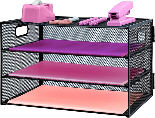 3 Tier Lettrer Tray Organizer, Metal Mesh Desk File Organizer with Sliding Trays, Paper Sorter Desk Organizer for Home Office School, Black