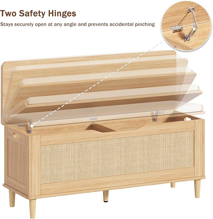 Keehusux 47.2" Extra Large Storage Bench with Cushion, Rattan Storage Chest with 2 Safety Hinges, Blanket Chest with Solid Wood Legs and Rounded Corners for Entryway, Bedroom, Living Room, Natural Oak
