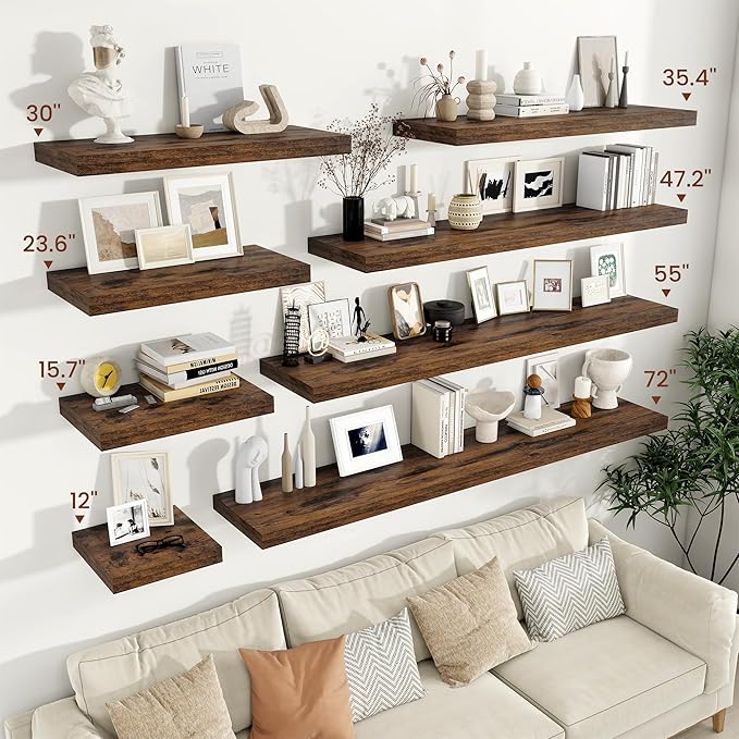 Vivelove 12" Deep Floating Shelves 47.2" Long, Wall Shelves for Living Room Bedroom Bathroom Kitchen Laundry Room, Farmhouse Rustic Shelves for Home Decor, 47.2" X 12" X 2" Set of 2, Rustic Brown