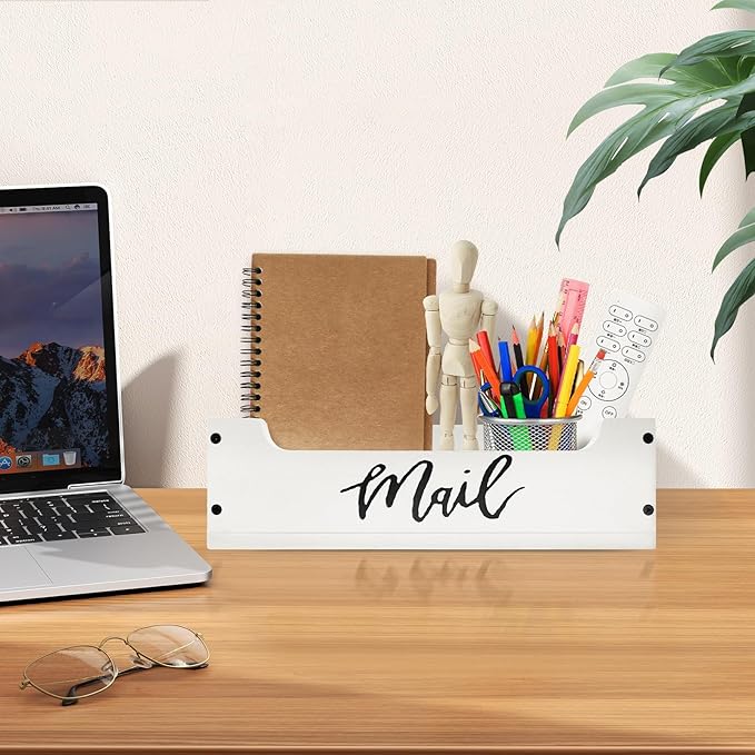 White Wooden Mail Organizer Countertop - Mail Organizer Wall Mounted, Office Mail Holder, Desktop Mail Basket for Counter, Letter Holder Box for Home Office Decor (White + Black, 3.15")