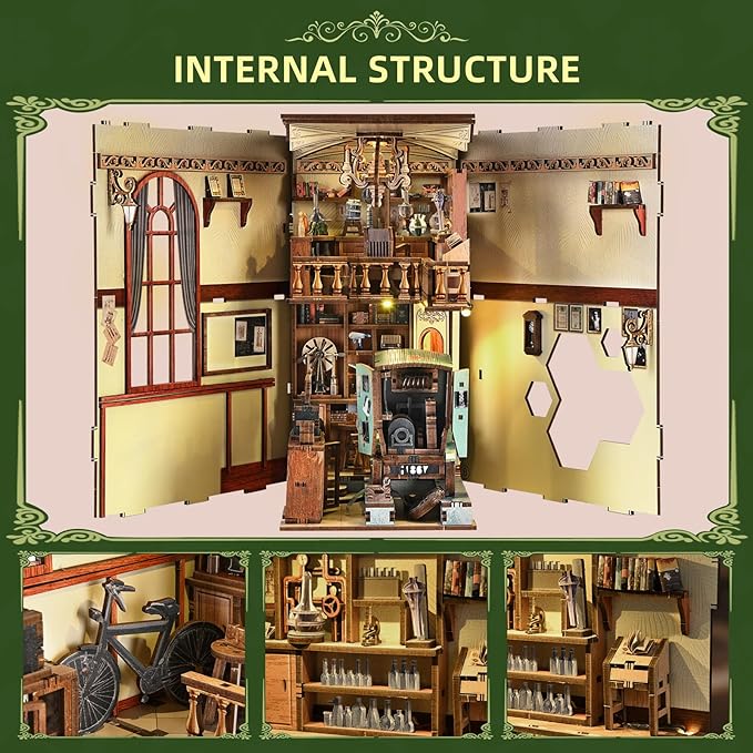 MiniCity Book Nook Kitwith Dust Cover and LED Light, 3D Wooden Puzzle Bookend Bookshelf Insert Decor for Teens and Adults-The Radium Lady