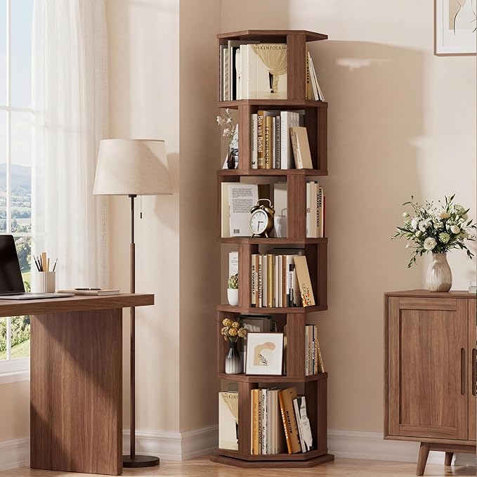 BACEKOLL Rotating Bookshelf Tower, 6 Tier Spinning Book Shelf, Wood Round Revolving Bookcase, Narrow Rolling Bookshelves, Vertical Book Storage for Corner Small Spaces, Bedroom, Living Room,Walnut