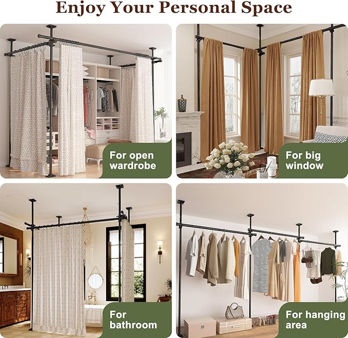 Goovilla Room Divider for Room Separation, Tension Curtain Rods No Drilling, 4-10ft(H) 28-171inch(W) Adjustable Temporary Privacy Wall Divider, Heavy Duty Freestanding Space Partition Separator, Black