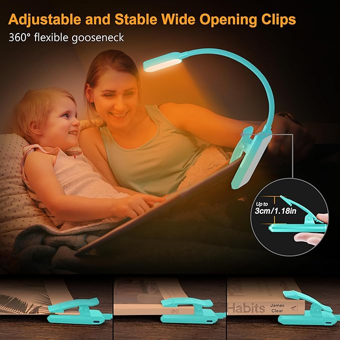 Gritin 16 LED Rechargeable Book Light for Reading in Bed- Eye Caring 3 Color Temperatures, Stepless Dimming Brightness, 80 Hrs Runtime, Lightweight Flexible Clip on Light for Book Lovers-Blue