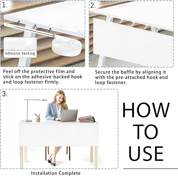 60" Under Desk Privacy Panel White Self-Adhesive Modesty Panel 600D Heavy Duty Desk Skirt Privacy Divider for Office Home or Standing Workstation Concealer Shield