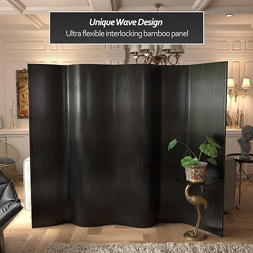 Red Lantern 6 ft. Tall Bamboo Wave Screen - Black