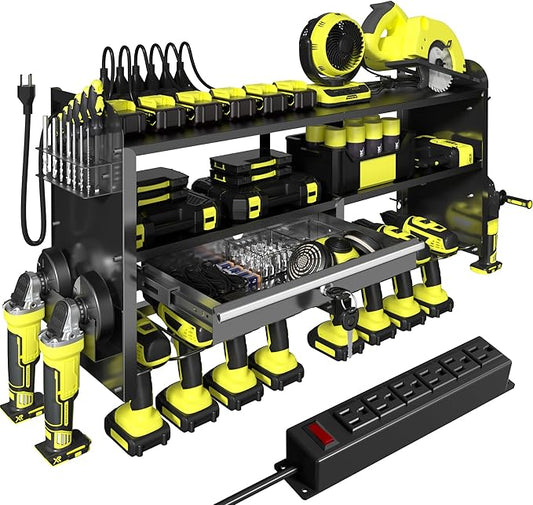 KSVO Power Tool Organizer Wall Mount with Drill Holder, Grinder Bracket, Hammer and Pliers, Locking Drawer, 6-Outlet Charging Rack - Heavy Duty Metal Tool Storage Garage, Workshop (Yellow)