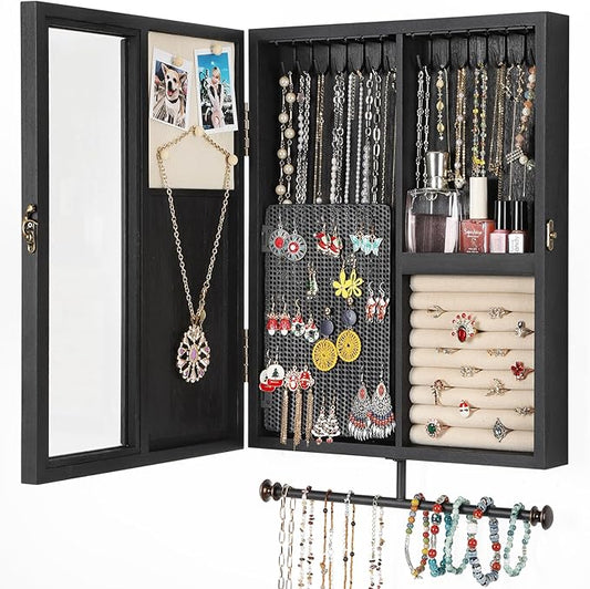 Keebofly Wall Mounted Jewelry Organizer With Rustic Wood Large Space Jewelry Cabinet, Holder, Storage Box for Necklaces, Earrings, Bracelets, Ring Holder, and Accessories Black