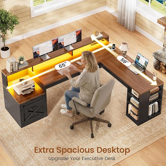SEDETA L Shaped Desk with 2 Drawers, 65"x 59" Large Home Office Desk with Lockable File Drawer & Power Strip, Corner Desk with Storage & LED Strip, Black + Brown