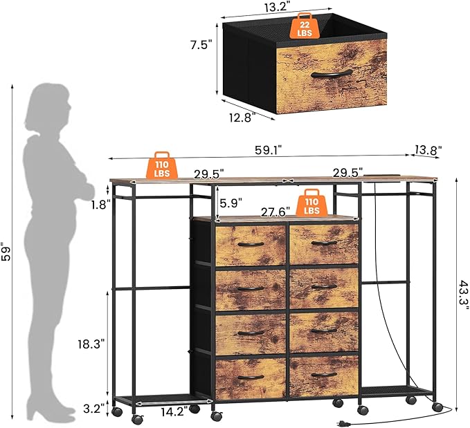 59.1" W Dresser for Bedroom with Hanging Rack, 8 Drawer Dresser with LED Lights & Charging Station, Fabric Dressers with Portable Wheels,Metal Frame, Wooden Top (Rustic Brown)