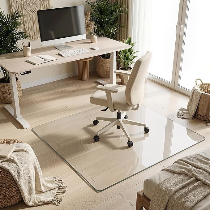 Tempered Glass Chair Mat for Hardwood Floor, 45" x 45" Heavy Duty Glass Office Chair Mat, for Low Pile Carpet, 0.2" Thick with 4 Non-Slip Pads, Smooth Rolling for Home & Office