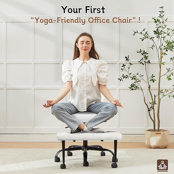 Ergonomic Criss Cross Legged Office Chair, ADHD Chair, 360° Swivel Meditation Kneeling Chair with Wheels, Adjustable Footrest, Wider Height Adjustable Seat, Lumbar Support, Teddy Fabric, OffWhite