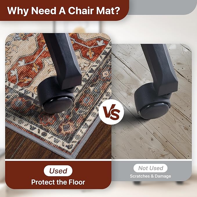 48"x48" Office Chair Mat for Hardwood Tile Floor, Under Desk Carpet Protector for Rolling Computer Chair Mat, Machine Washable Round Area Rug, Anti-Slip 1/5" Thick Low Pile Thin Floor Mat, Annatto
