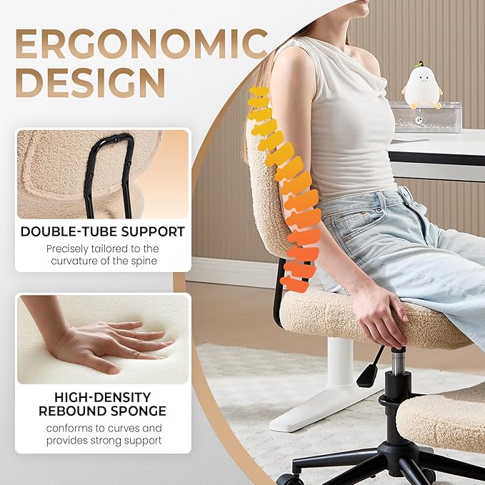 Criss Cross Chair Armless Office Chair for Cross Legged Sitting, 300lb Heavy Duty Ergonomic Desk Chair for ADHD, Adjustable Meditation Yoga Kneeling Chair with Brake Wheels for Home Office (Beige)
