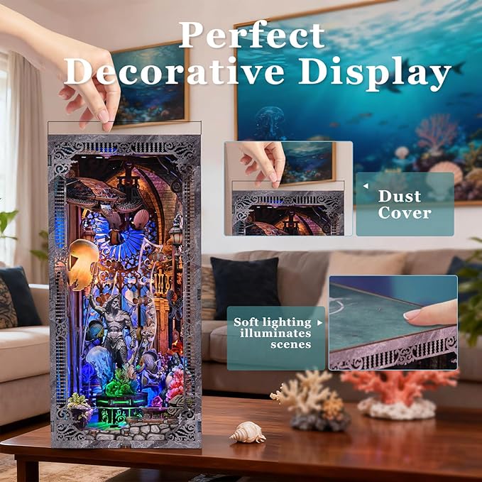 fifijoy Book Nook Kit - Atlantis DIY Miniature House Dollhouse Kit for Adults and Teens, 3D Wooden Puzzle Bookend Bookshelf Insert Decor with LED Light, Gifts for Family and Friends