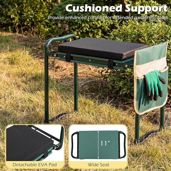 2-in-1 Garden Kneeler and Seat, Folding Garden Seat w/EVA Foam Kneeling Pad & Removable Tools Pouch, Sturdy Steel Frame, No Assembly, Portable Heavy Duty Garden Stool for Women Men Seniors