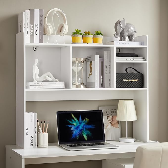 Nromant Desktop Bookshelf, Wooden Desk Storage Hutch with 6 Shelves for Computer Desk, 3-Tier Desktop Display Organizer Rack for Office Home (White)
