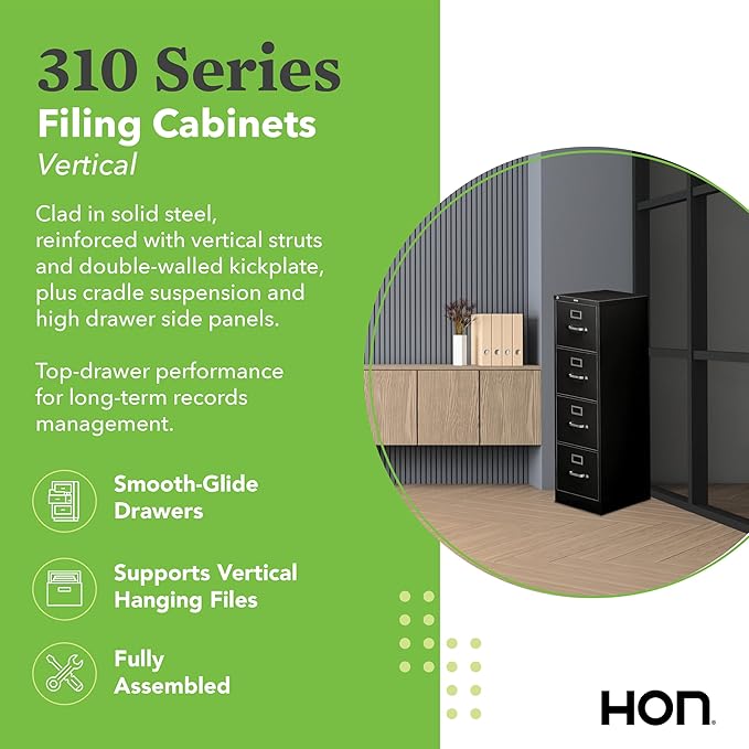 HON 4 Drawer Vertical File Cabinet with Lock, Metal Filing Cabinets with 4 Drawers for Hanging Files and Letter Files, 26.5" Deep, Black