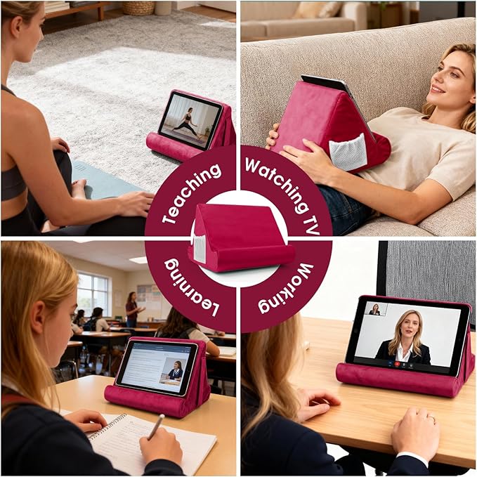Multi-Angle Tablet Stand with Soft Pad and Net Pocket - Universal Phone and Pad Holder for Lap, Knee, Sofa and Bed (Wine Red)