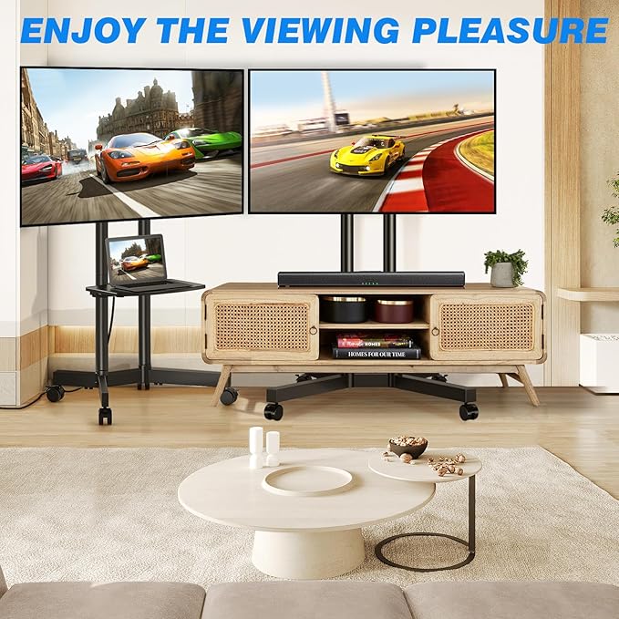 Rfiver Mobile TV Cart Rolling TV Stand with Power Outlet for 32-75 Inch Screens, Portable TV Stand on Wheels with Height Adjustment, Outdoor TV Mount Stand with Shelf Holds up to 88lbs for Home Office