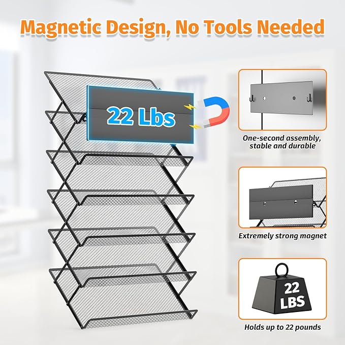 Magnetic File Holder, 6-Tier Foldable No Drilling Magnetic File Folder Holder, Space-Saving Black Magnetic Hanging File Organizer for Whiteboard, File Cabinets, Refrigerator, Office, Kitchen